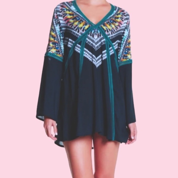 $145 Red Carter Swim Cover Up Small Blue Feather Print Ladder Insert Bell Sleeve - Picture 4 of 16
